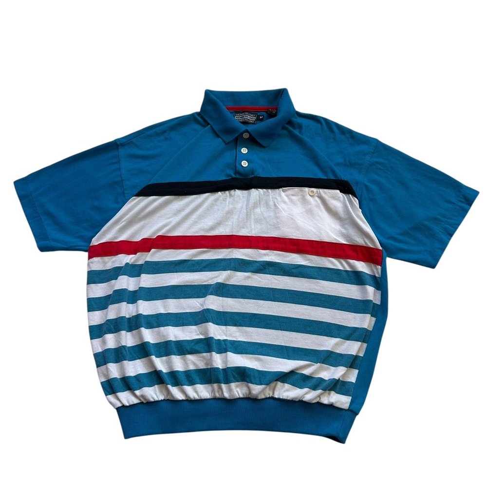 Vintage Members Only Polo Shirt Mens M Blue Stripe Banded Waist 80s Colorblock